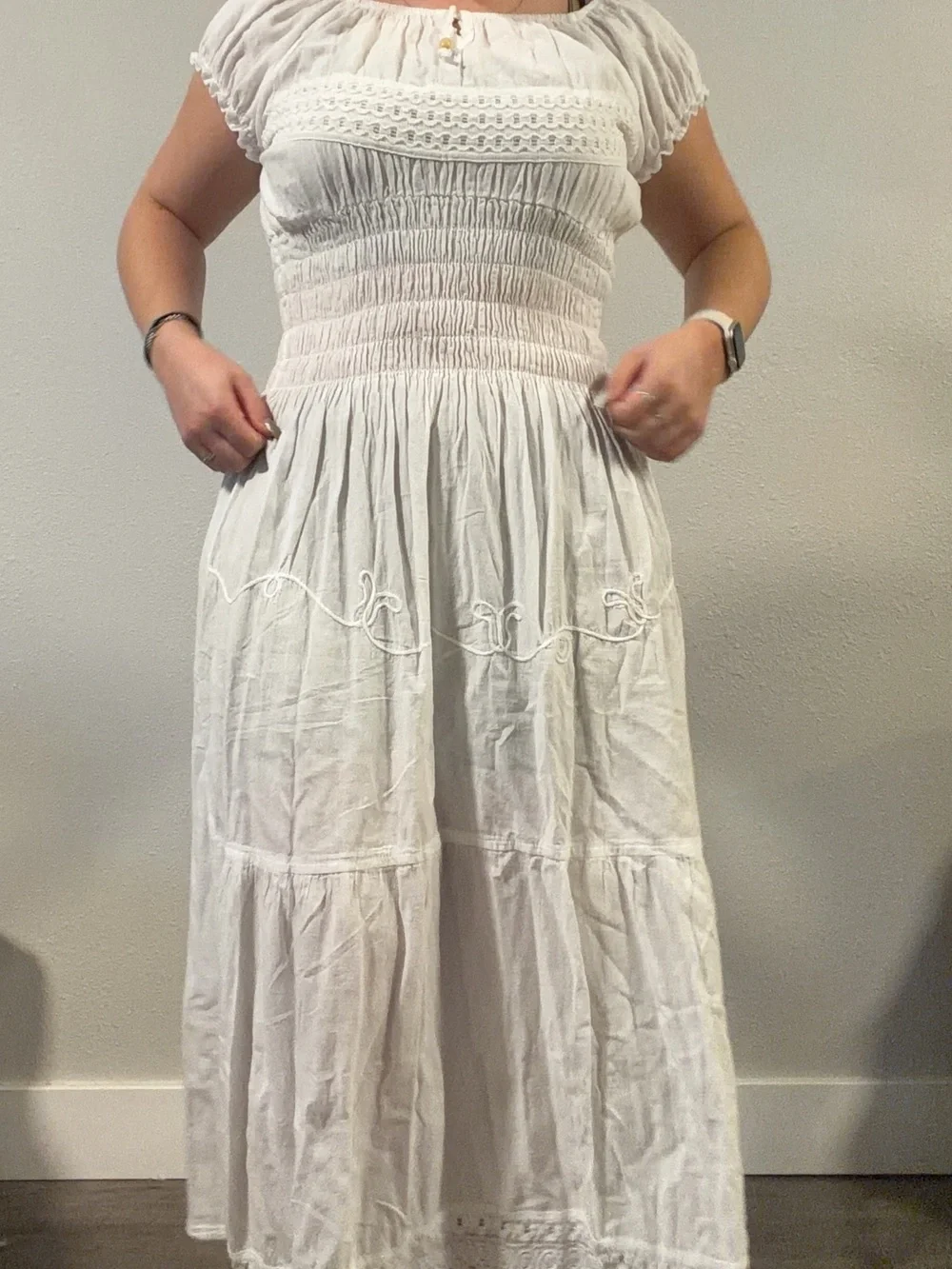 Women's White Smocked Midi Dress - Lightweight Boho Style